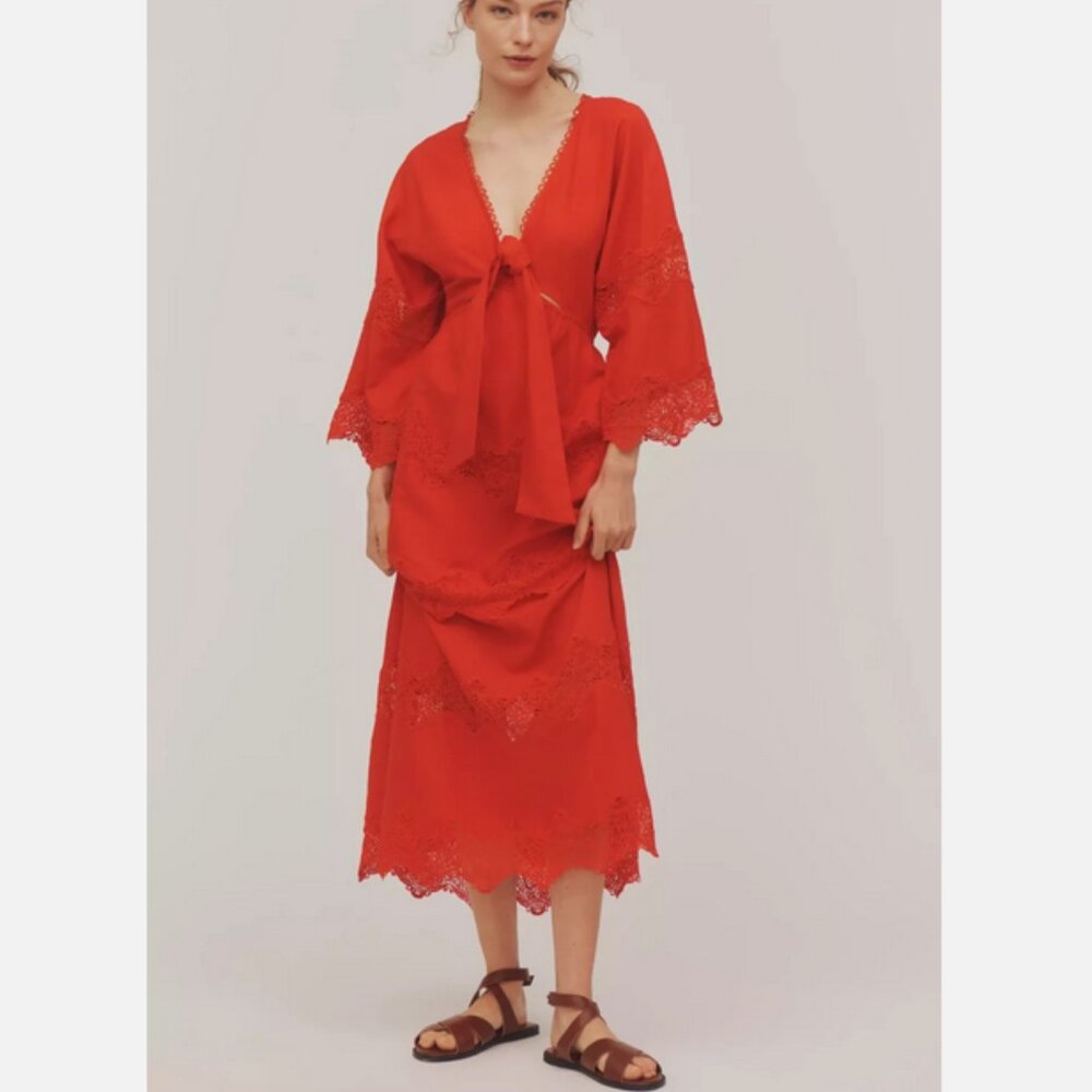 Farm Rio x Anthropologie V-Neck Tie-Front Midi Dress Red Maxi Linen Size M NWT